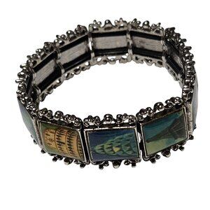 Vintage Silver Tone Elastic Bracelet Colorful American Postcard Inspired Tiles